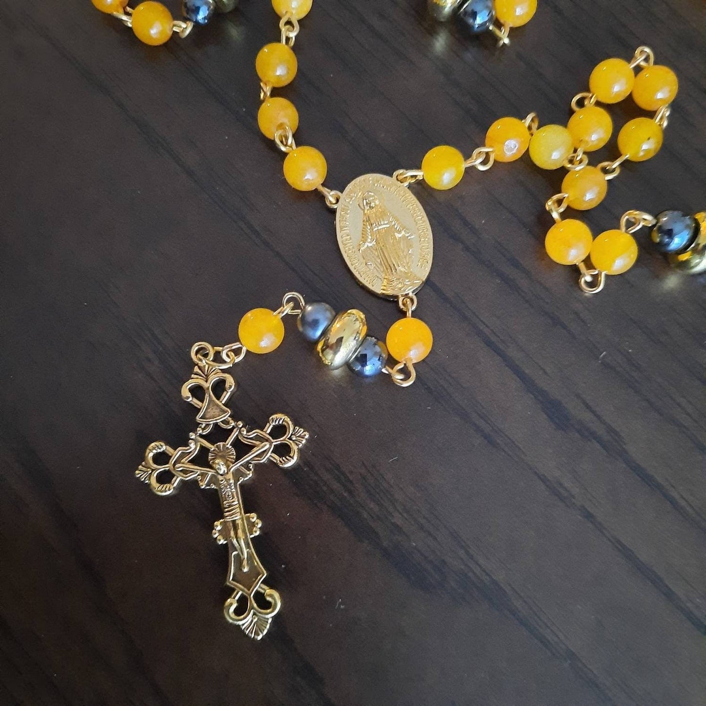Yellow Jade Rosary Necklace with Gold Cross