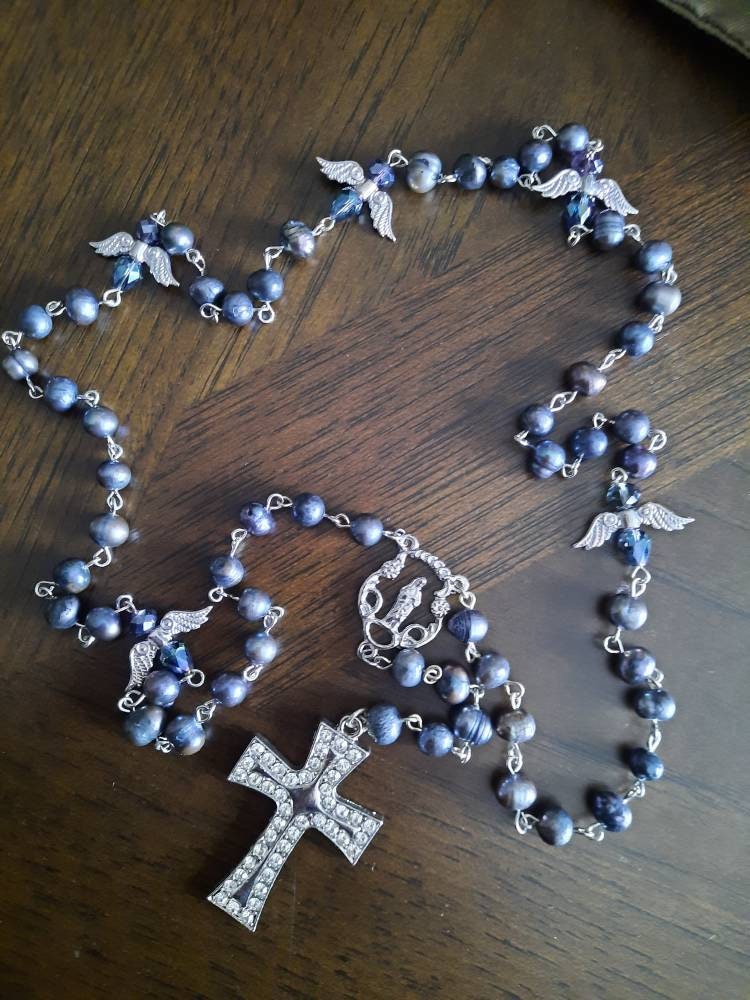 Black Pearl Rosary Necklace with Crystal Angels