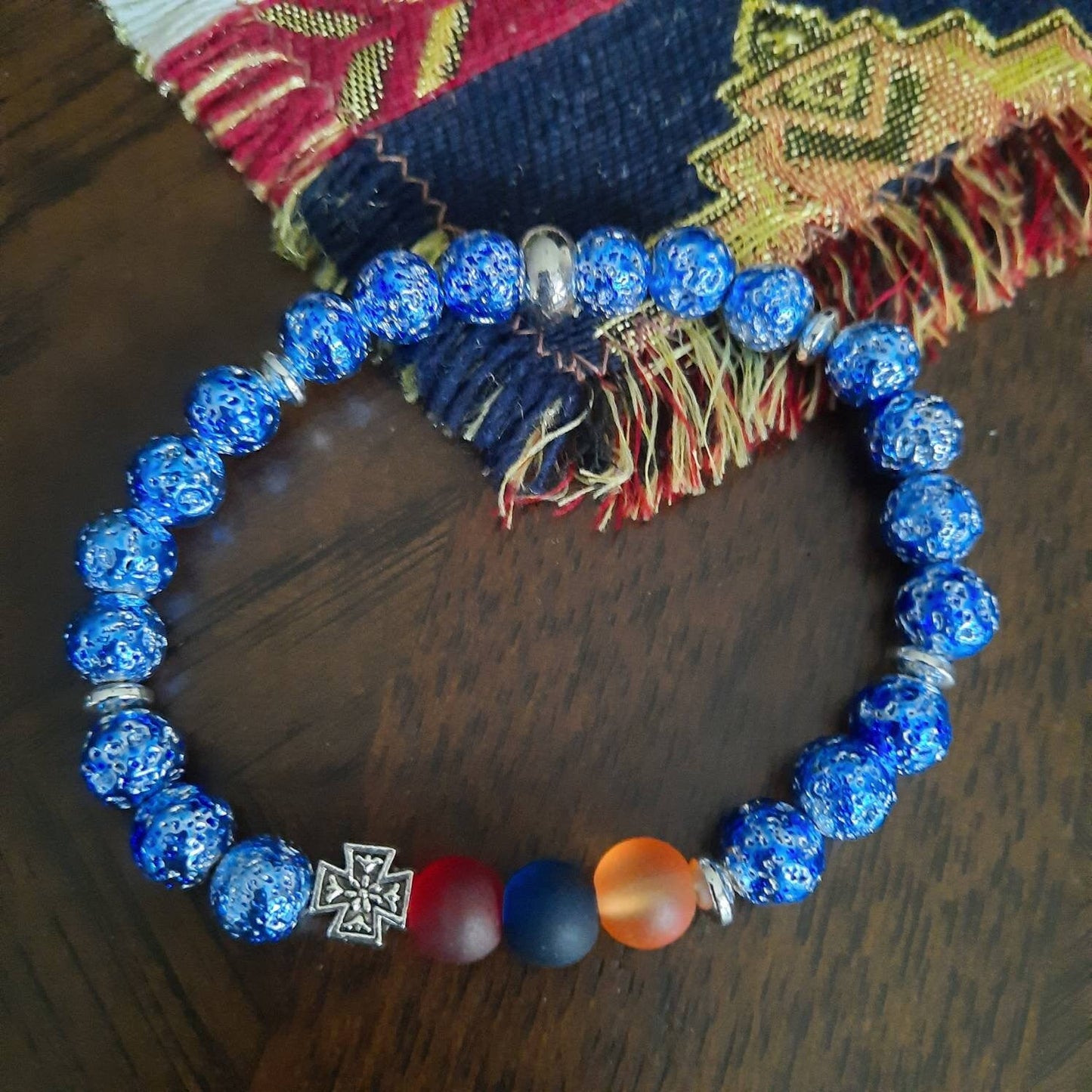 Armenian Flag Lava Stone Cross Bracelet