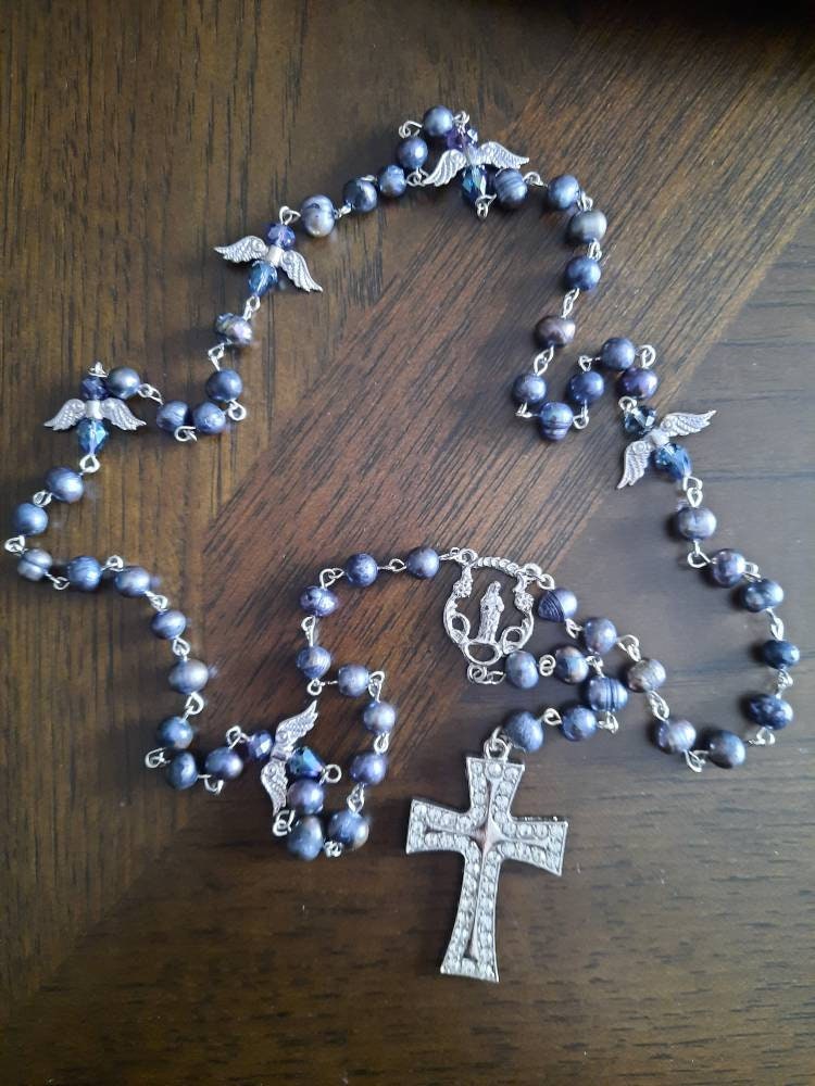 Black Pearl Rosary Necklace with Crystal Angels