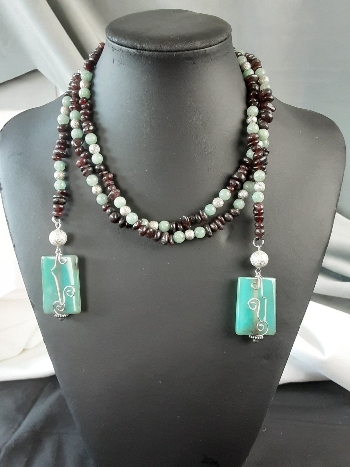 Garnet & Jade Statement Necklace with Agate Pendants