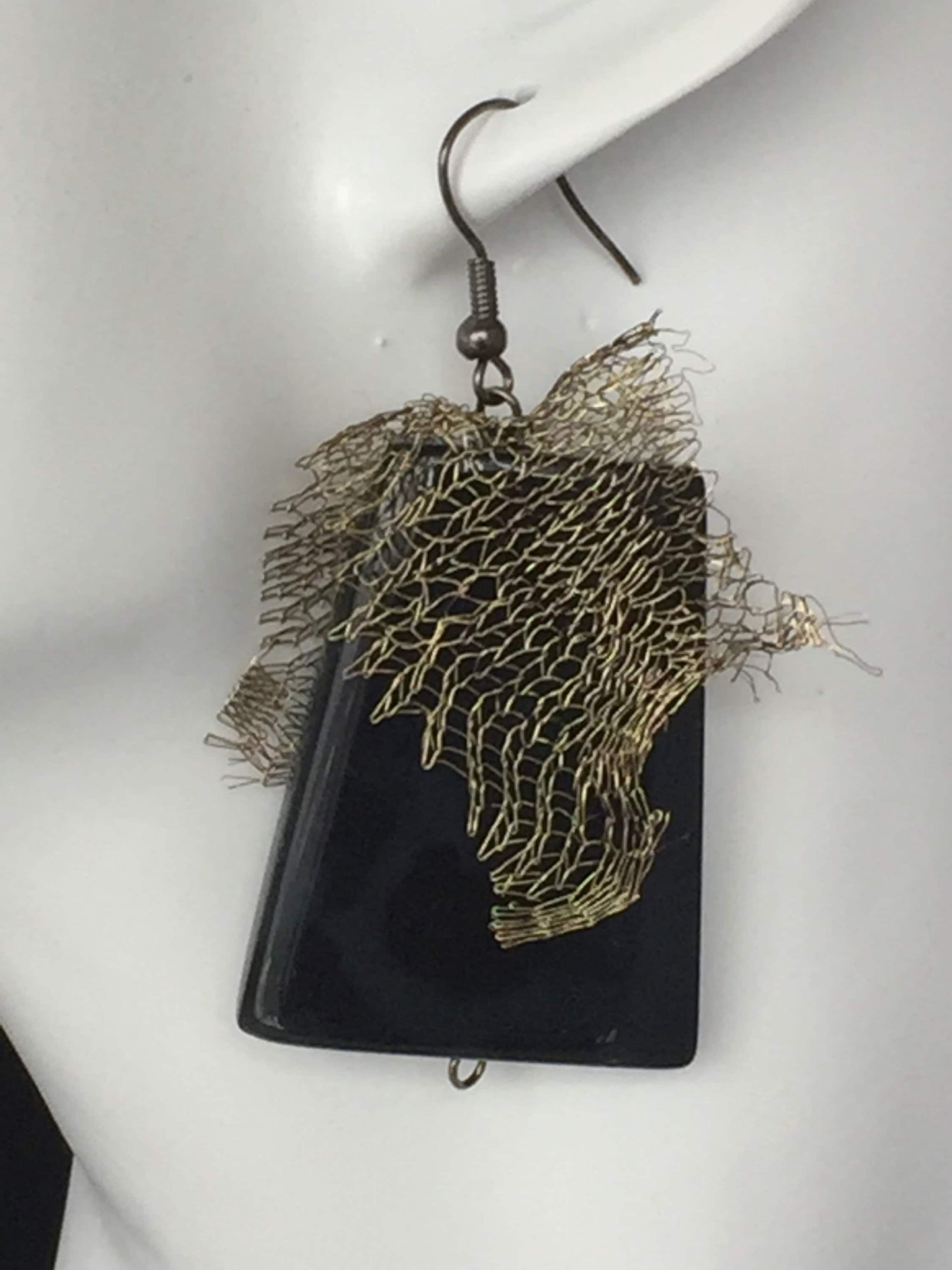 Large Black Agate Earrings with Metal mesh
