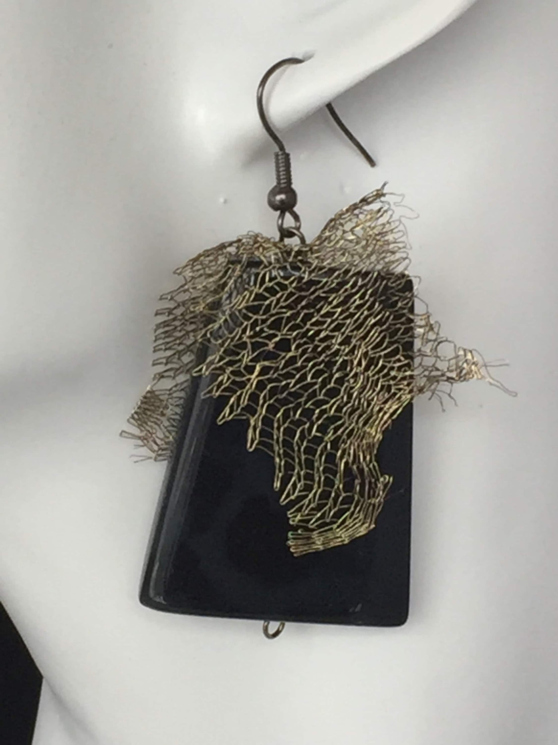 Large Black Agate Earrings with Metal mesh