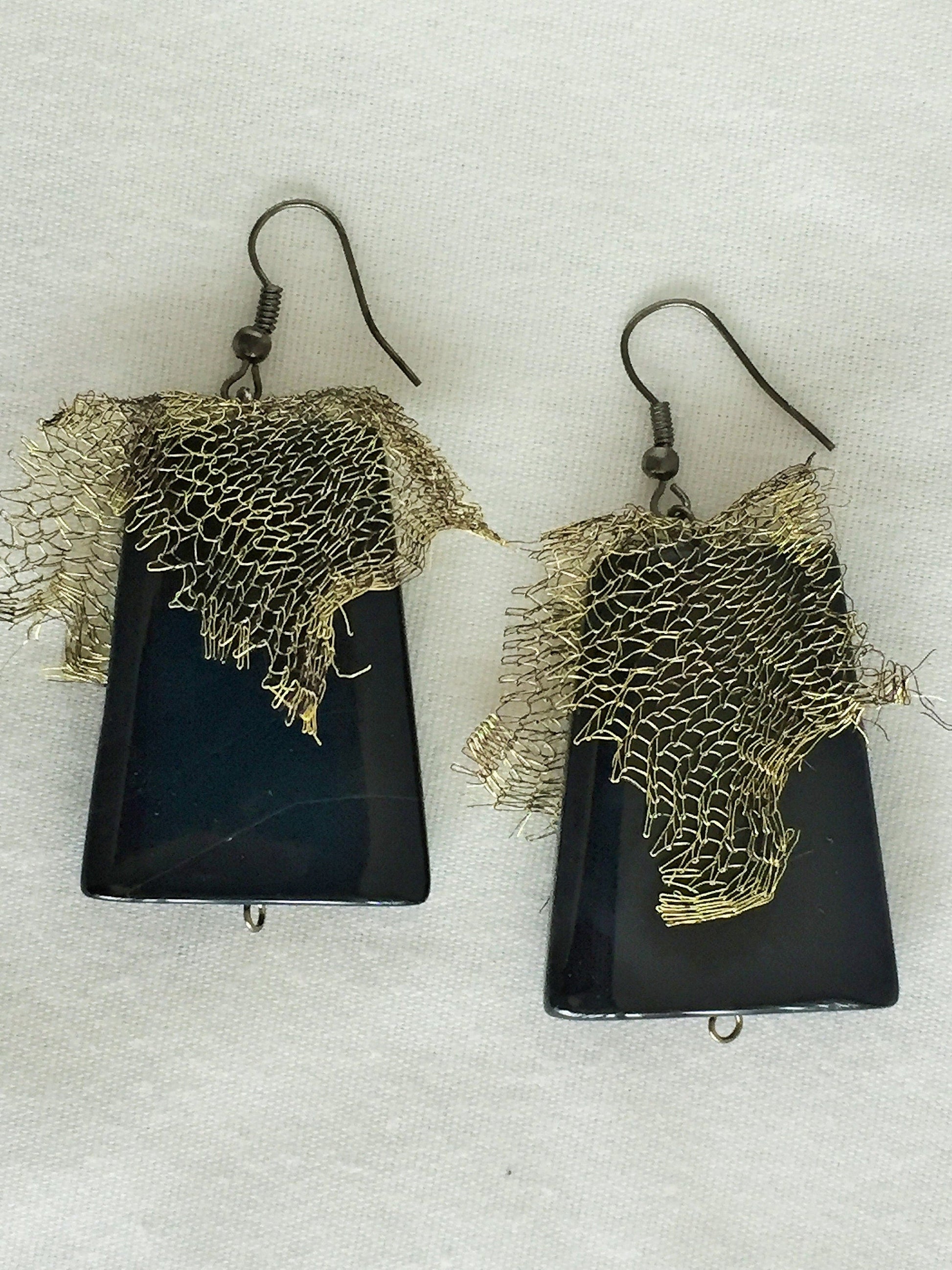 Large Black Agate Earrings with Metal mesh