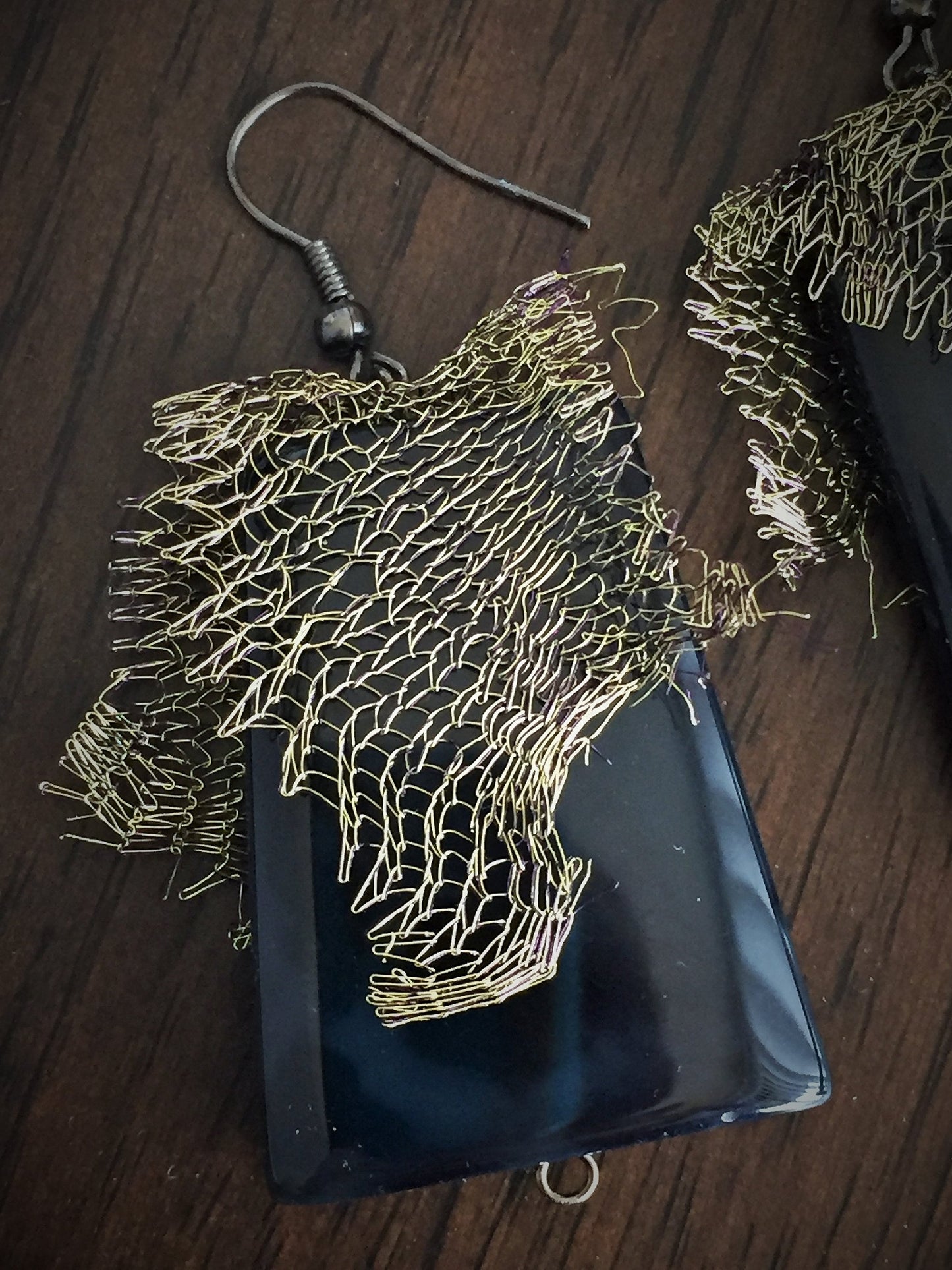 Large Black Agate Earrings with Metal mesh