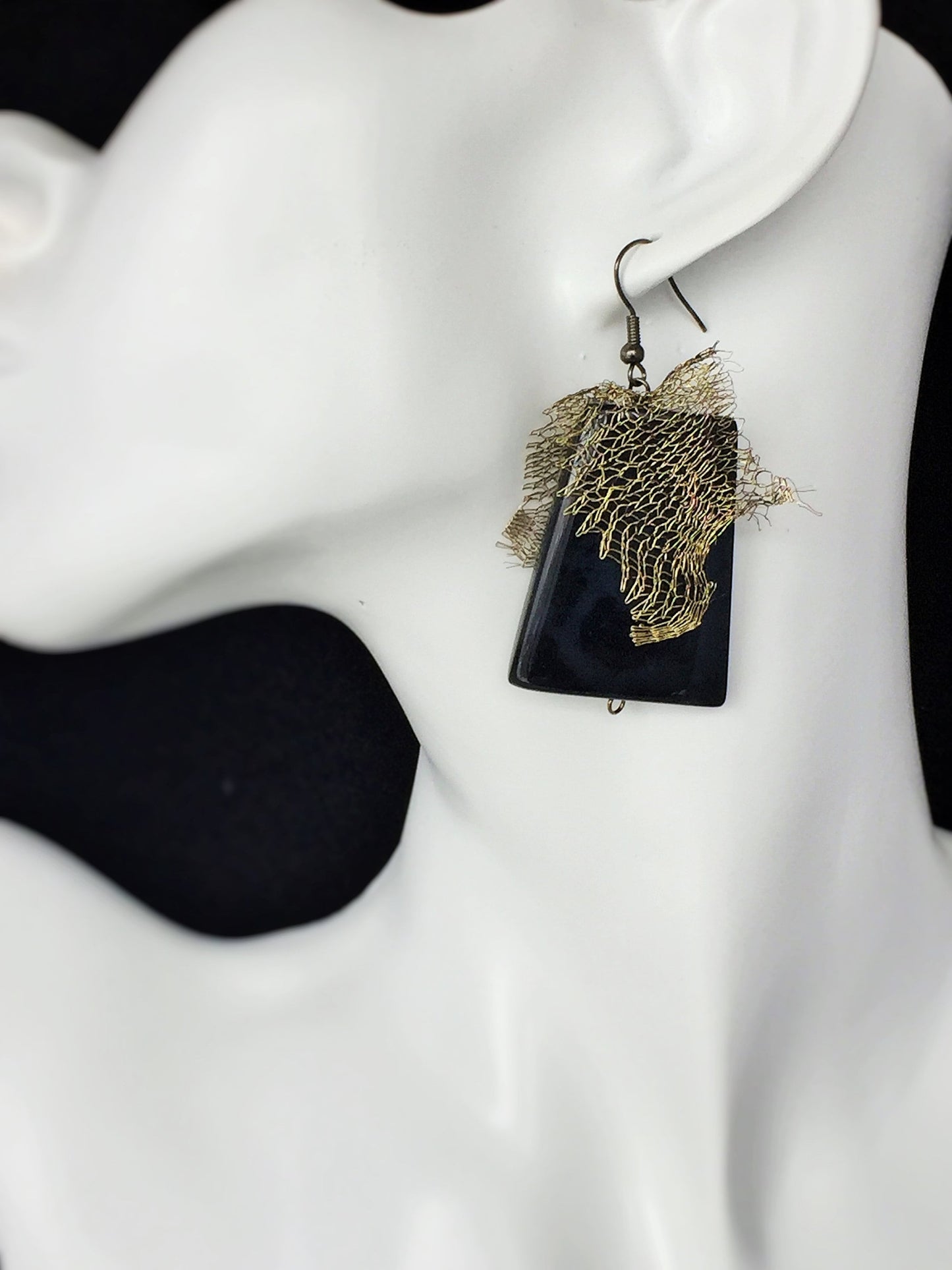Large Black Agate Earrings with Metal mesh