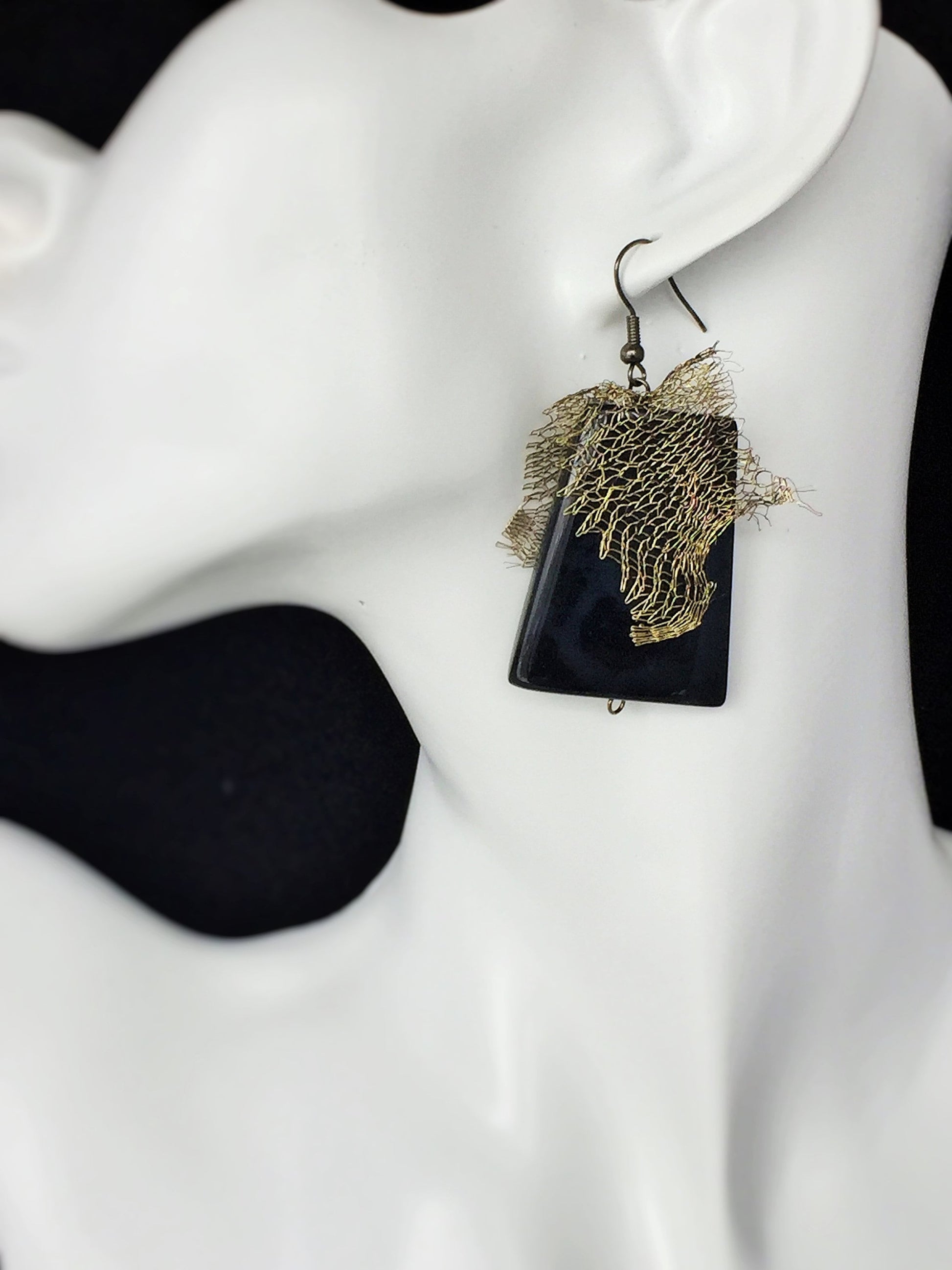 Large Black Agate Earrings with Metal mesh
