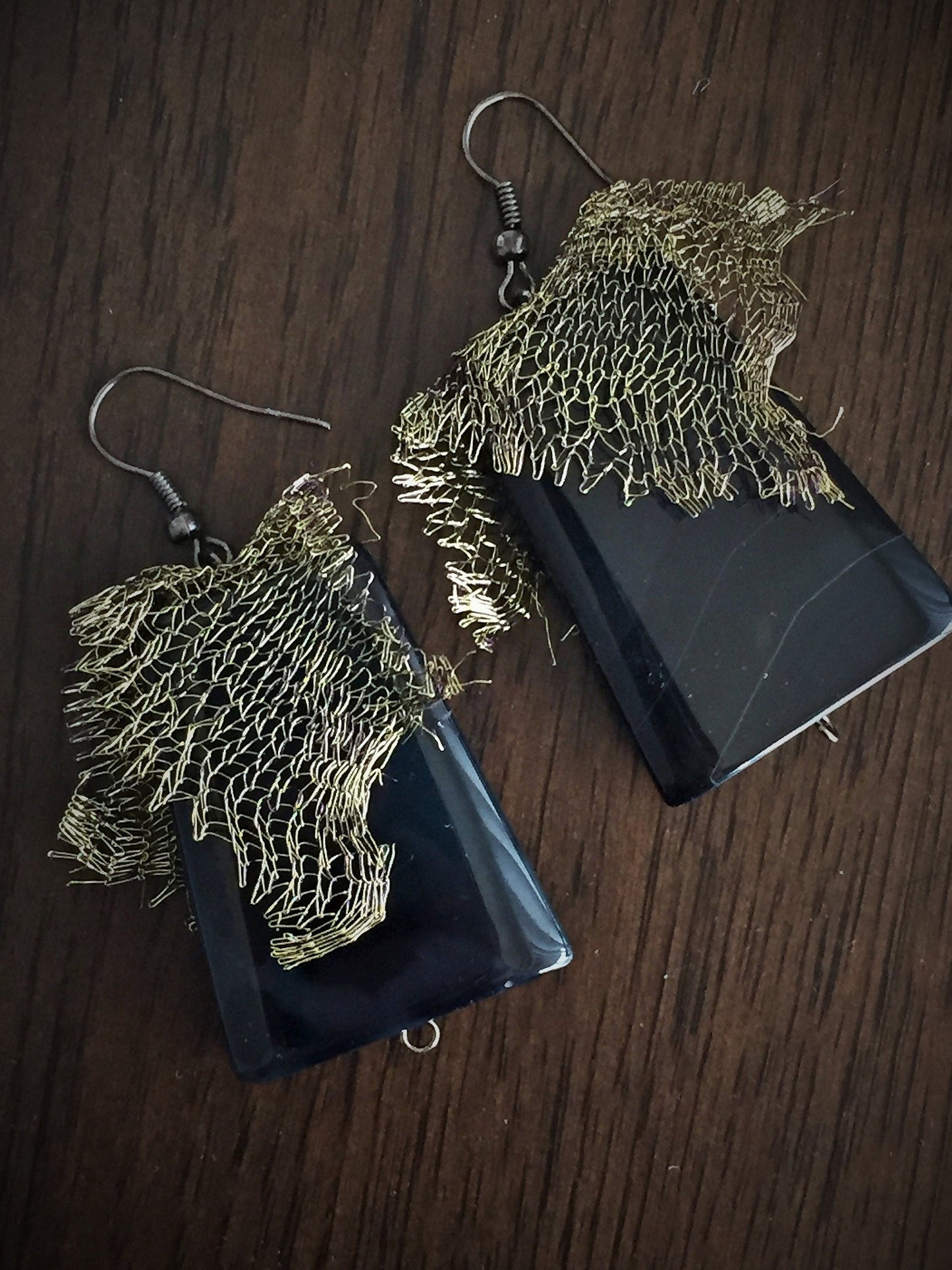 Large Black Agate Earrings with Metal mesh