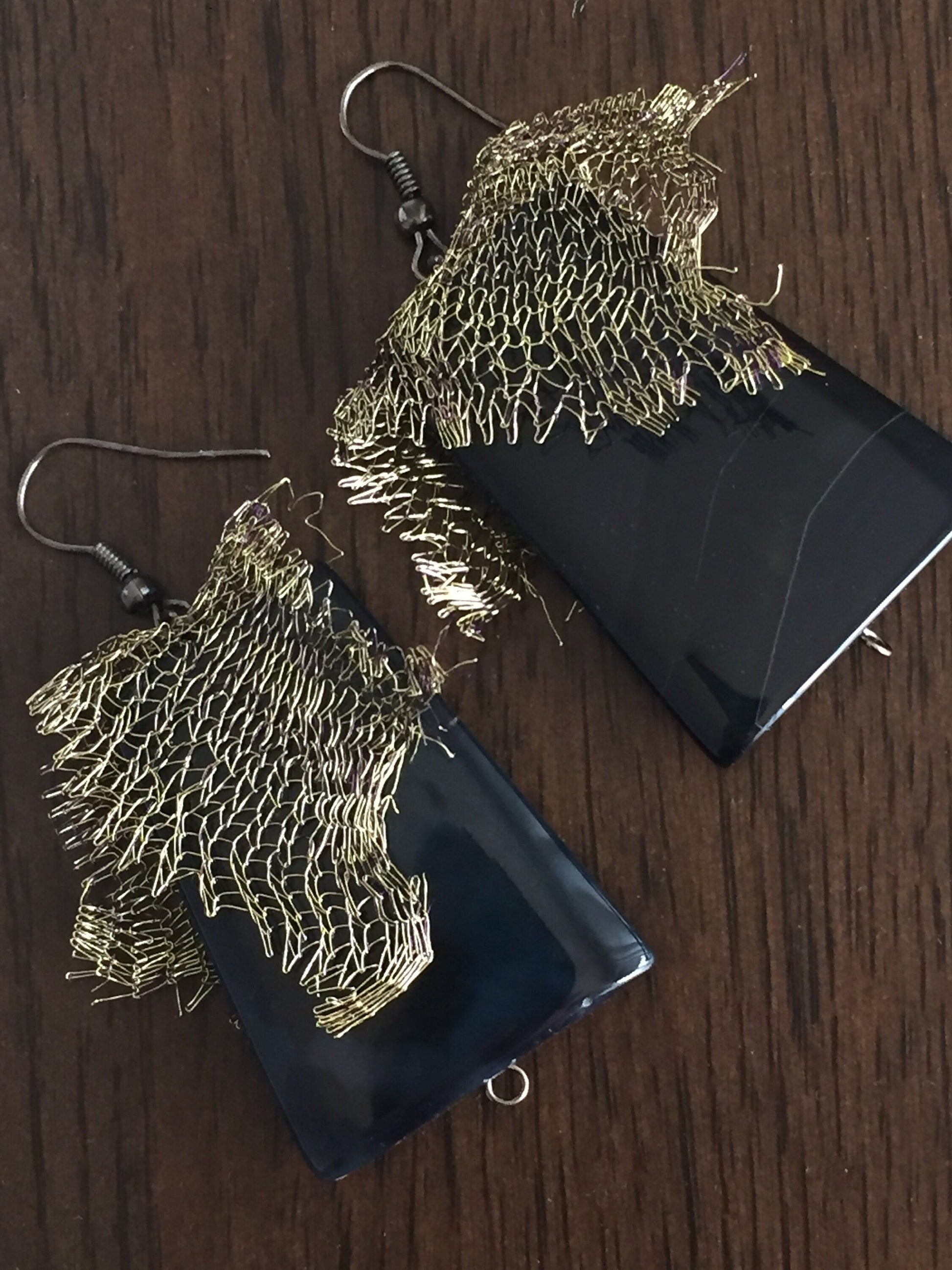 Large Black Agate Earrings with Metal mesh