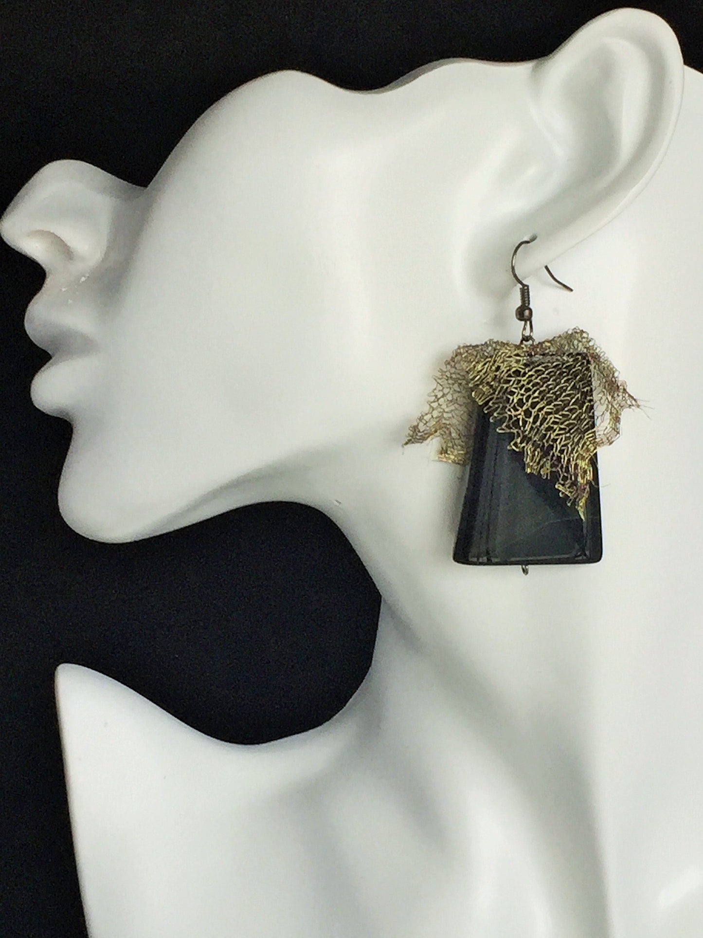 Large Black Agate Earrings with Metal mesh