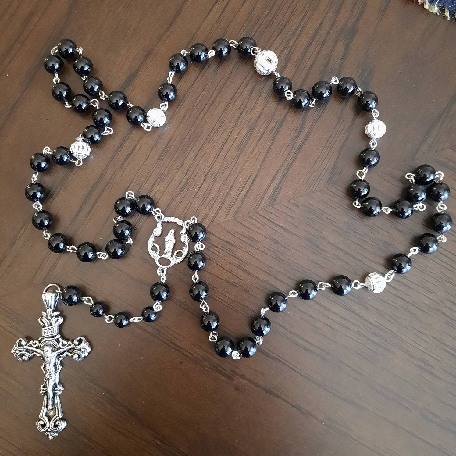 Onyx Gem Rosary With Large Metal Cross