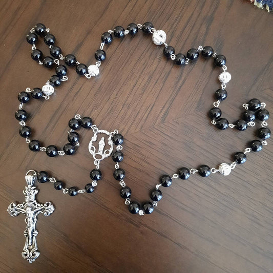 Onyx Gem Rosary With Large Metal Cross