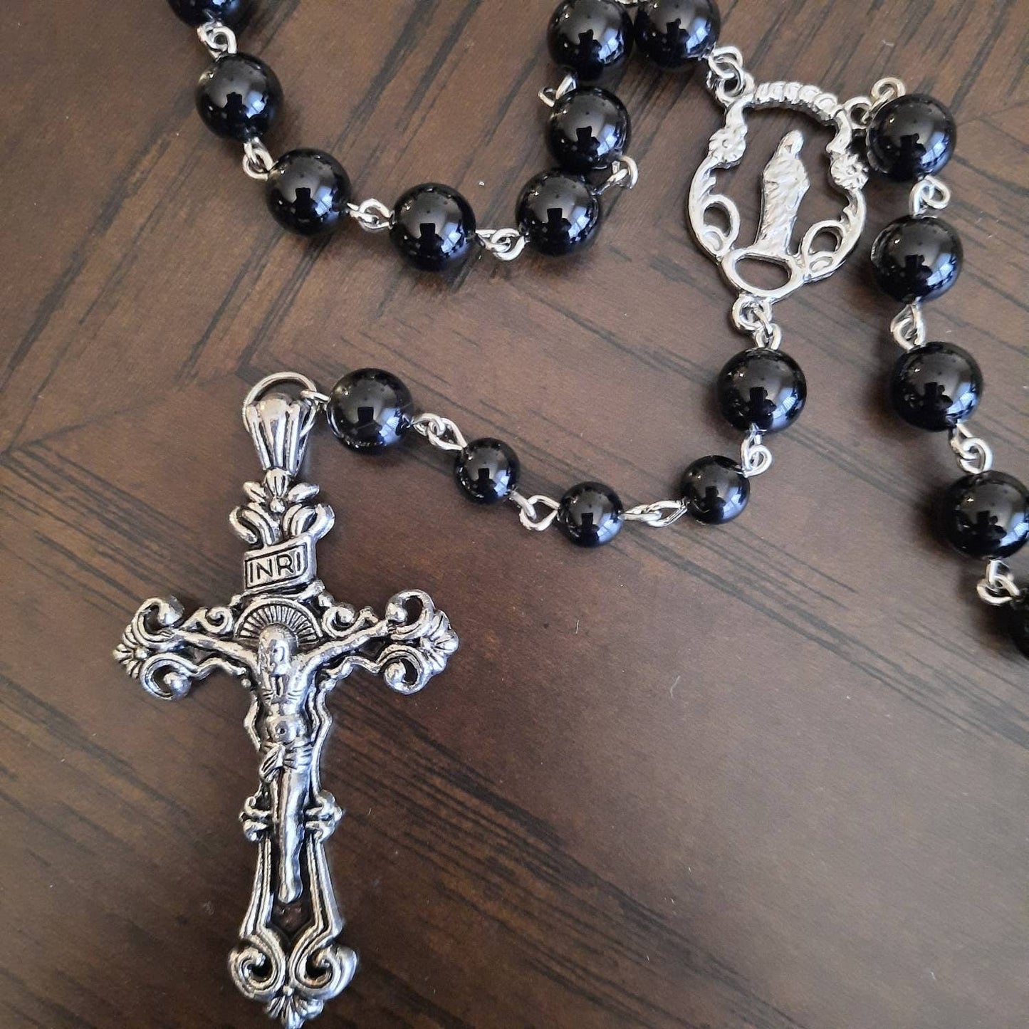 Onyx Gem Rosary With Large Metal Cross
