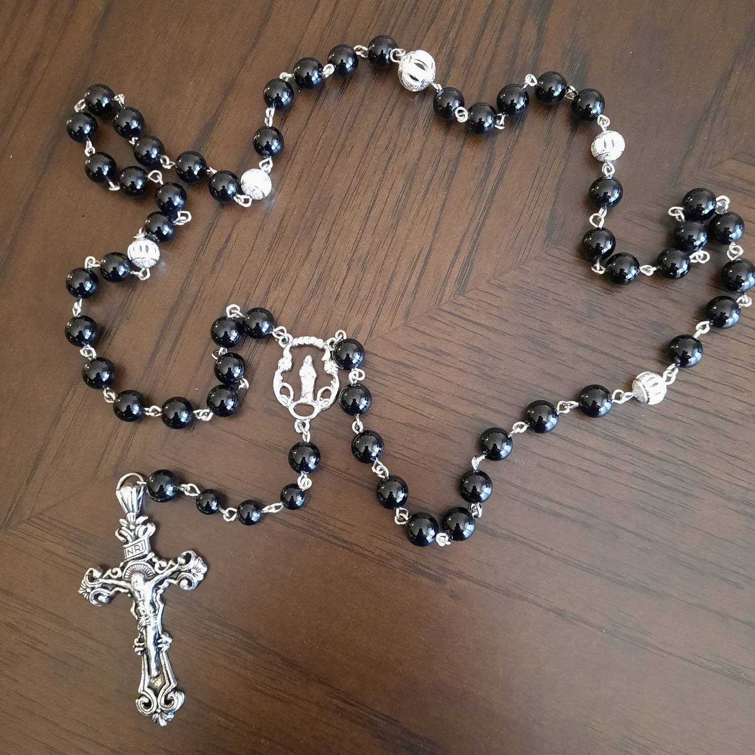 Onyx Gem Rosary With Large Metal Cross