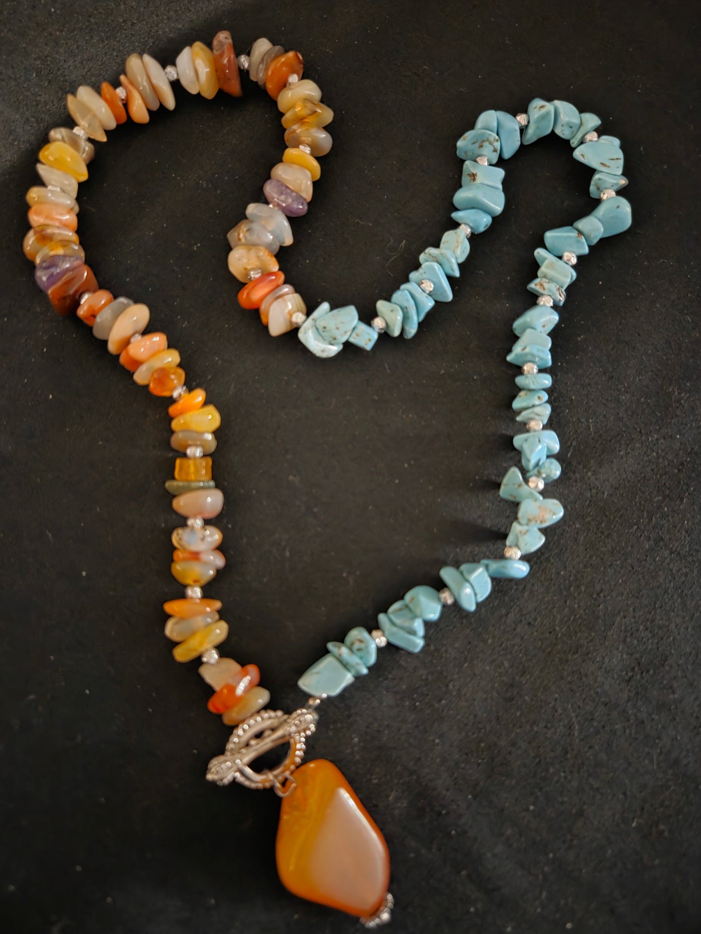 One-of-a-Kind Mixed Gemstone & Turquoise Necklace with Carnelian Pendant