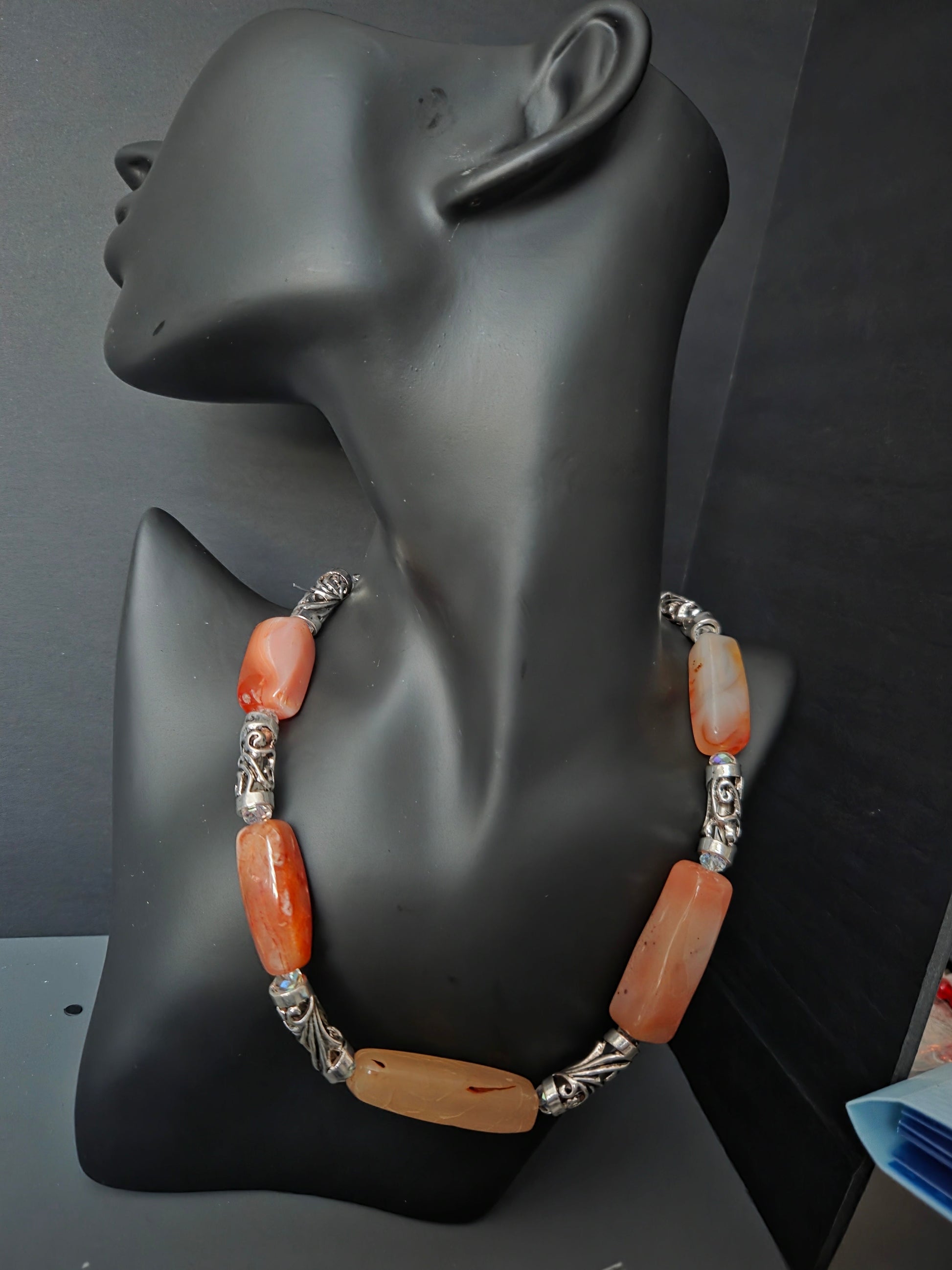 Agate gemstone necklace with aloy ornates and crystals boho style statement jewelry