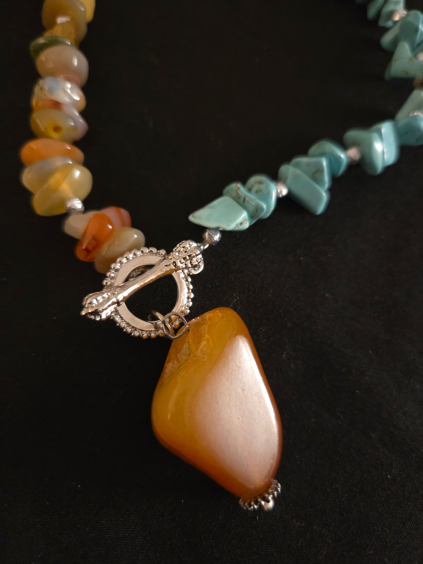 One-of-a-Kind Mixed Gemstone & Turquoise Necklace with Carnelian Pendant