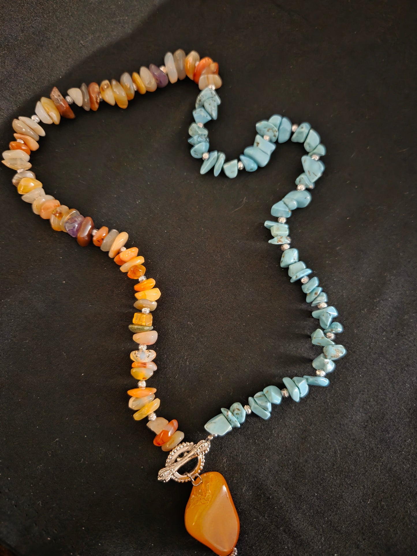 One-of-a-Kind Mixed Gemstone & Turquoise Necklace with Carnelian Pendant