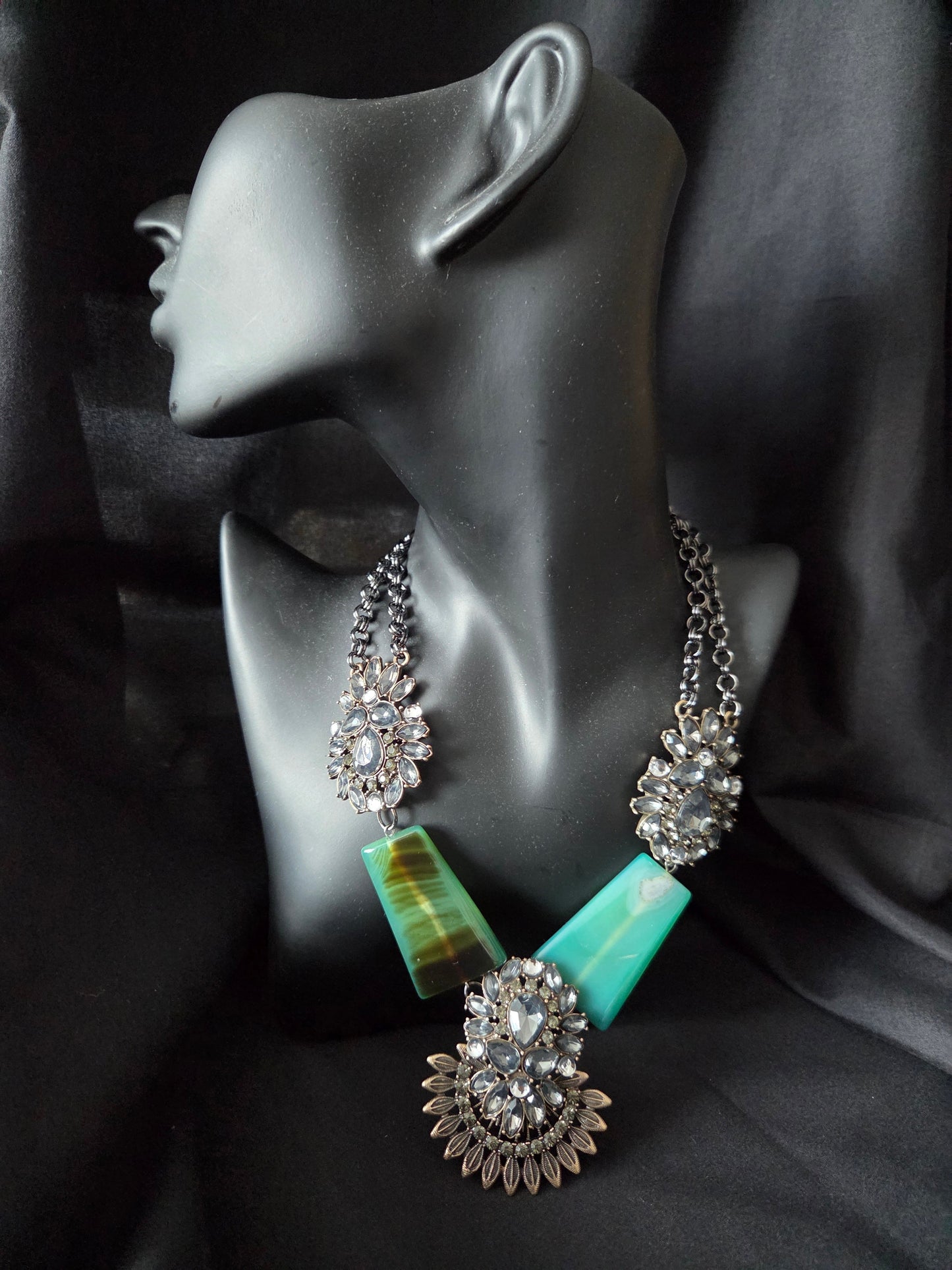 Handmade Green Agate & Crystal Statement Necklace