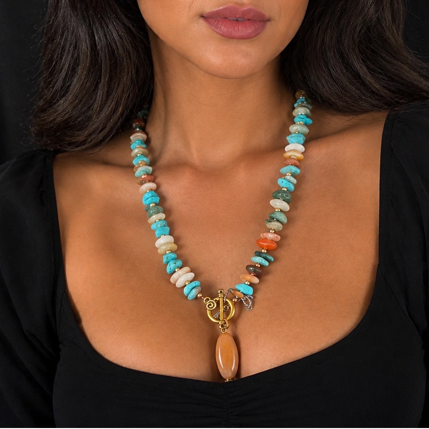 Turquoise and mixed gem nuggets necklace with Carnelian pendant