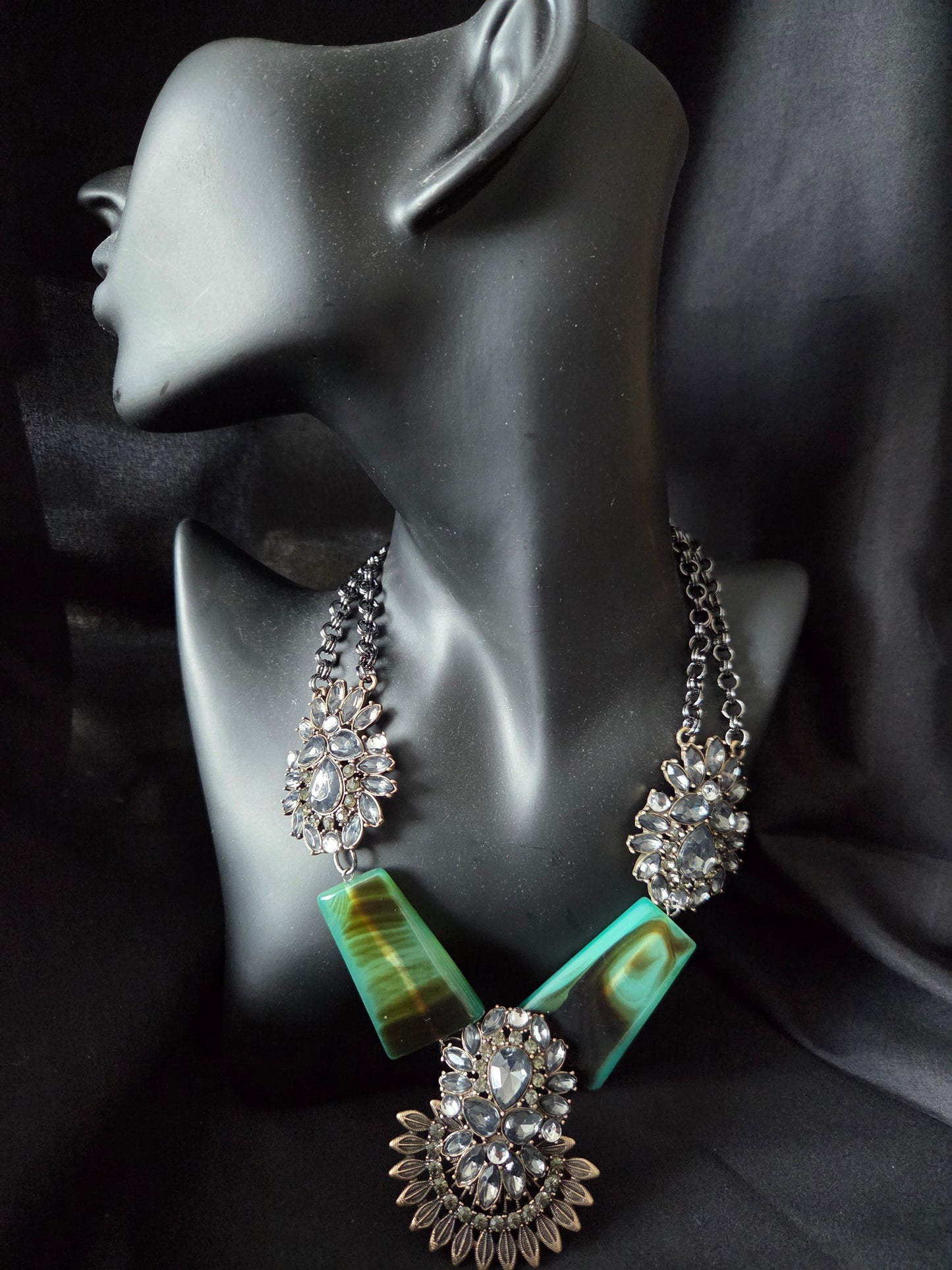 Handmade Green Agate & Crystal Statement Necklace